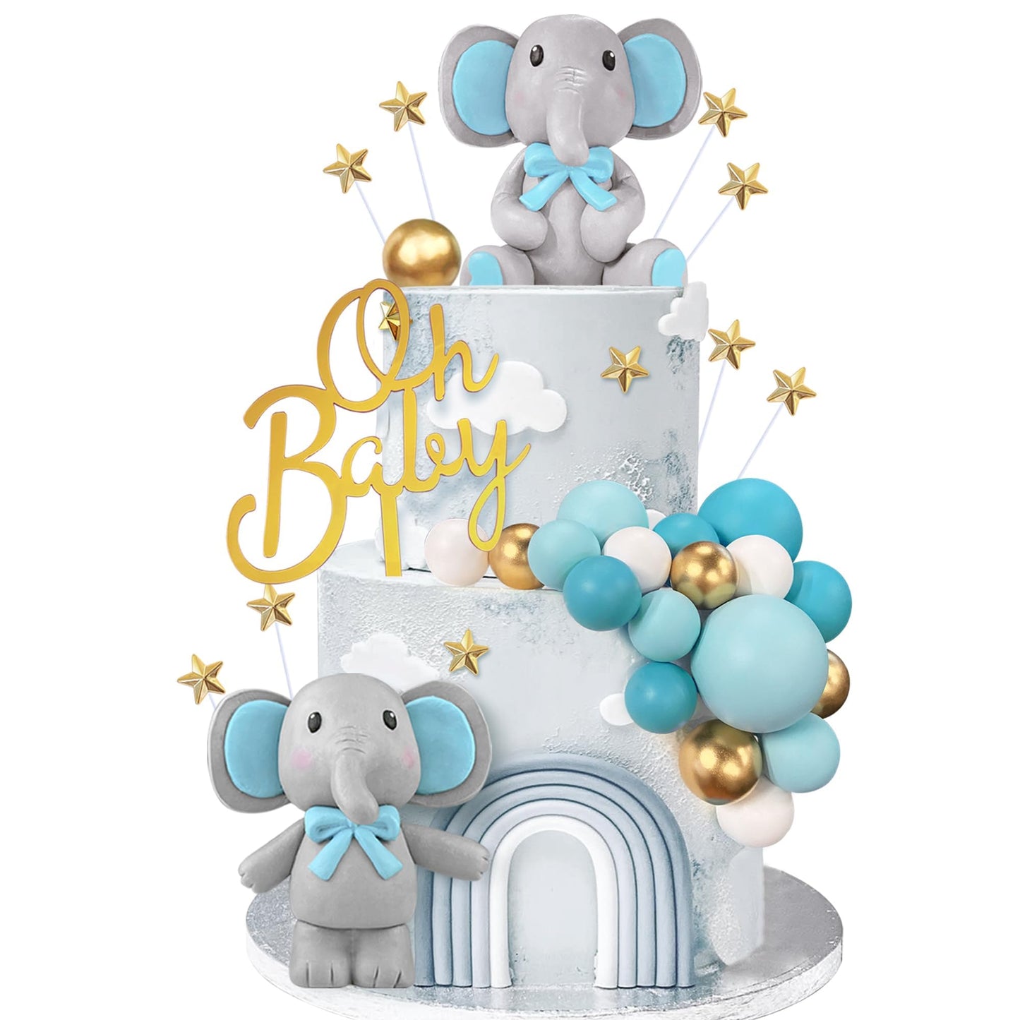43 Pcs Blue Elephant Cake Decoration Cute Baby Elephant Cake Decorations Oh Baby Cake Topper Star Cake Topper Blue Pearl Balls C