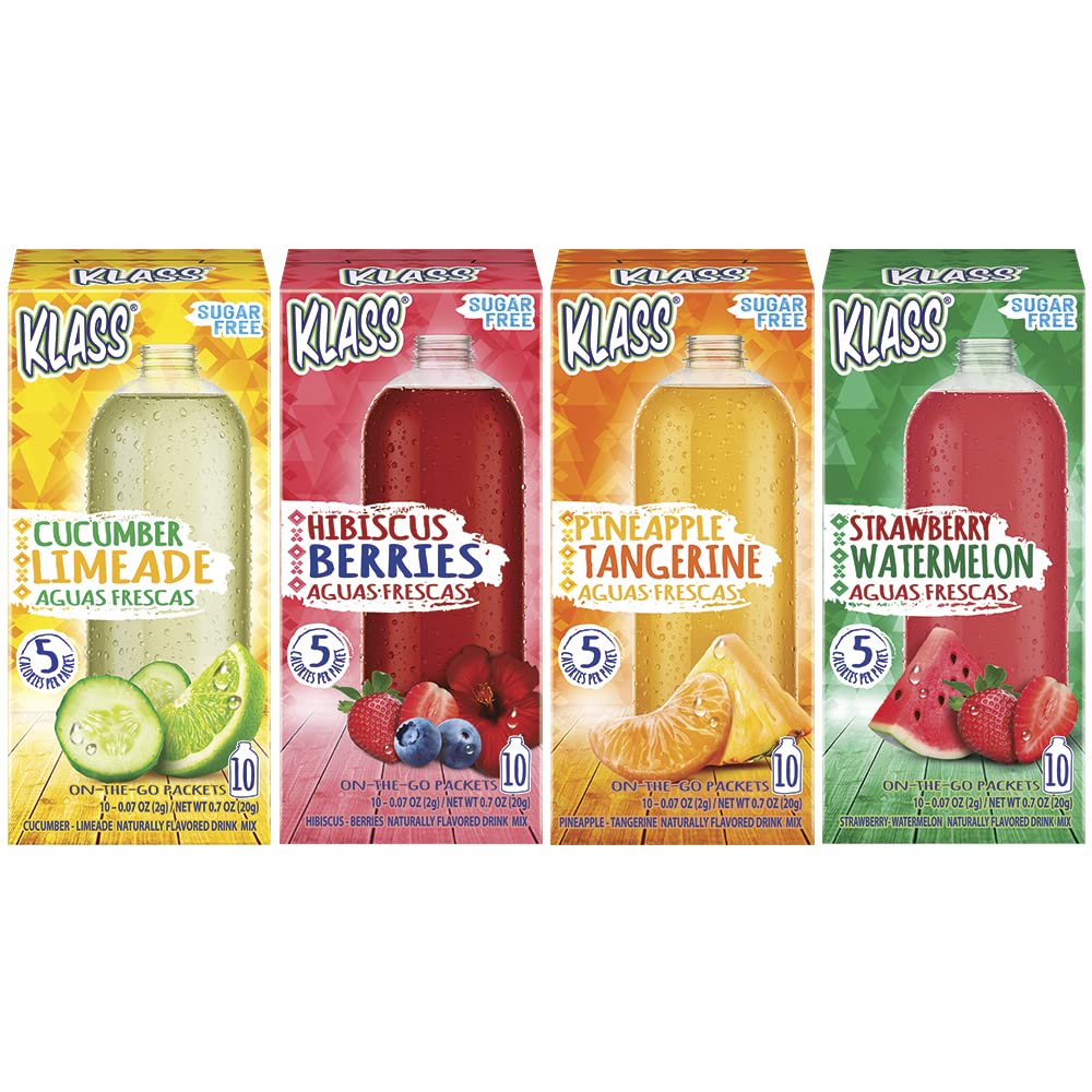 Klass Aguas Frescas Variety Pack Sugar Free Drink Mix, Cucumber Limeade, Strawberry Watermelon, Hibiscus Berries & Pineapple Tangerine (4 Pack 40 Count)