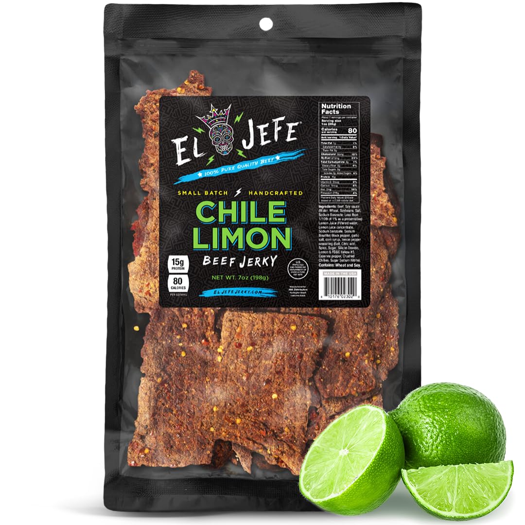 El Jefe Beef Jerky Chile Limon 7oz - Authentic Mexican Style Hispanic Slab Jerky Hand-Crafted in Small Batches for Bold and Zest