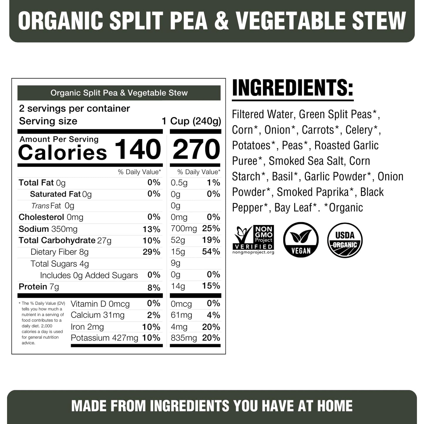PLANTSTRONG Split Pea & Vegetable Stew Soup - Organic, Plant-Based, Non-GMO, Vegan, High Protein Stew Soup
