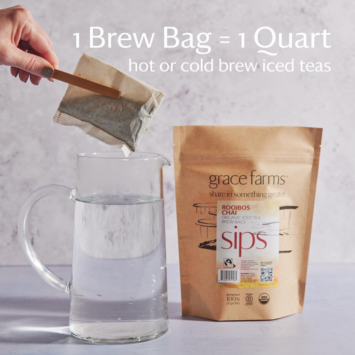 Grace Farms Organic Iced Tea - Rooibos Chai, Sugar-Free, 12 Brew Bags (1qt each), Refreshing & Spiced, Easy Cold Brew