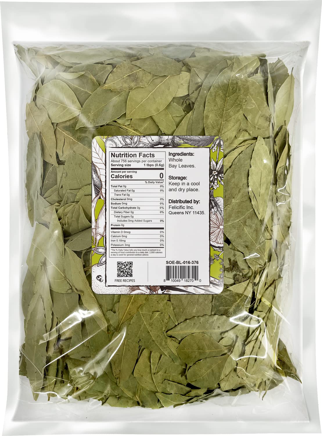 Soeos Bay Leaves Dried Herbs, Whole Bay Leaves, 1 lb (454g) Bulk Packaging