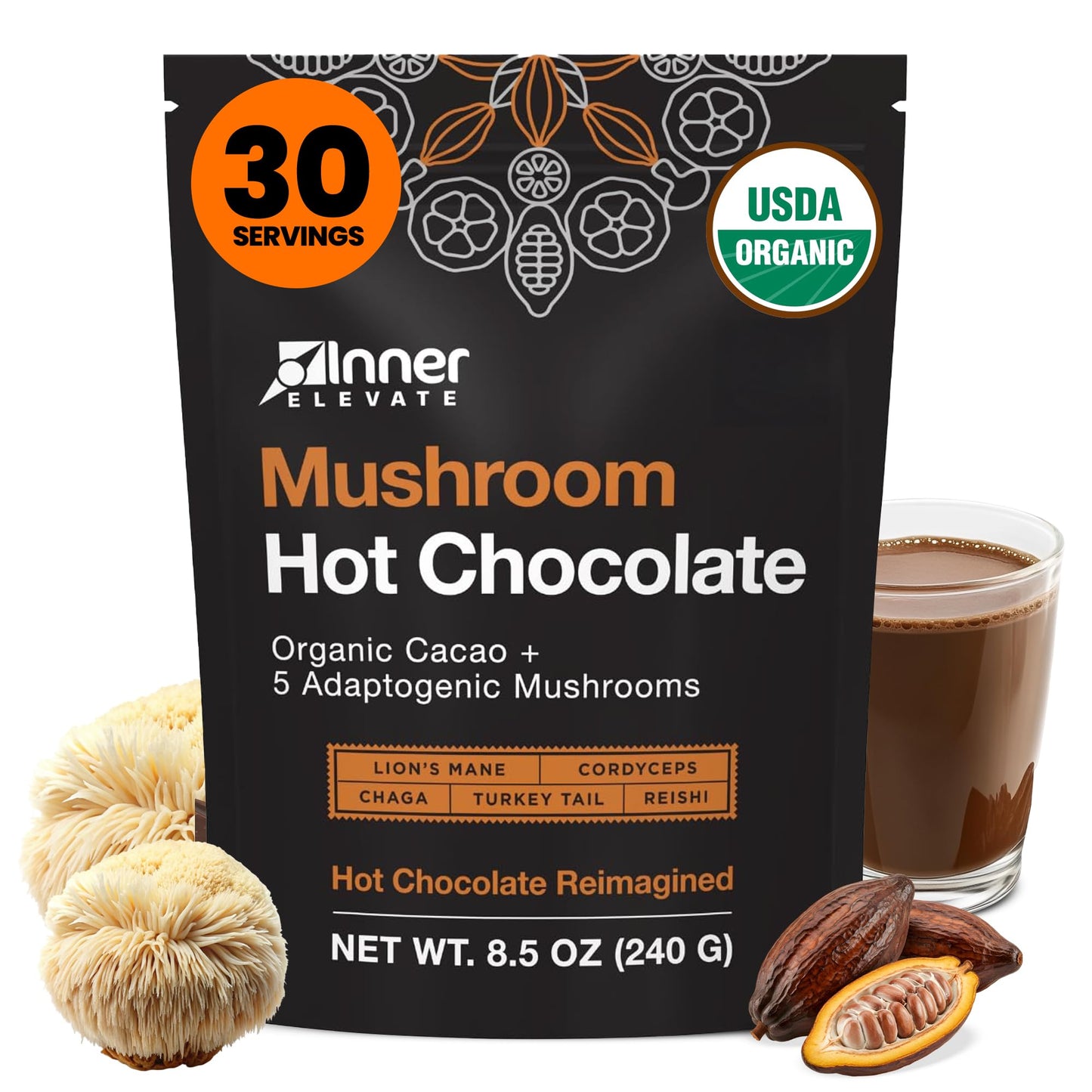 Inner Elevate Organic Mushroom Hot Chocolate - Ceremonial Cacao With 5 Adaptogenic Mushrooms - Great As A Coffee Alternative  Hot Chocolate  Or Smoothie (30 Servings)