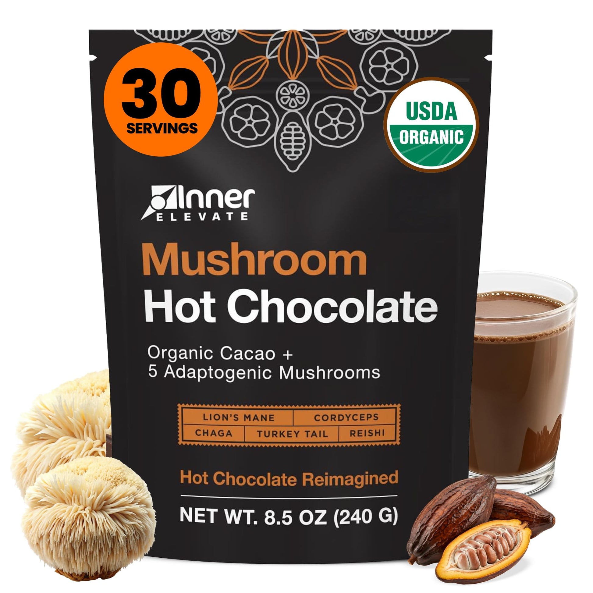 Inner Elevate Organic Mushroom Hot Chocolate - Ceremonial Cacao With 5 Adaptogenic Mushrooms - Great As A Coffee Alternative  Hot Chocolate  Or Smoothie (30 Servings)