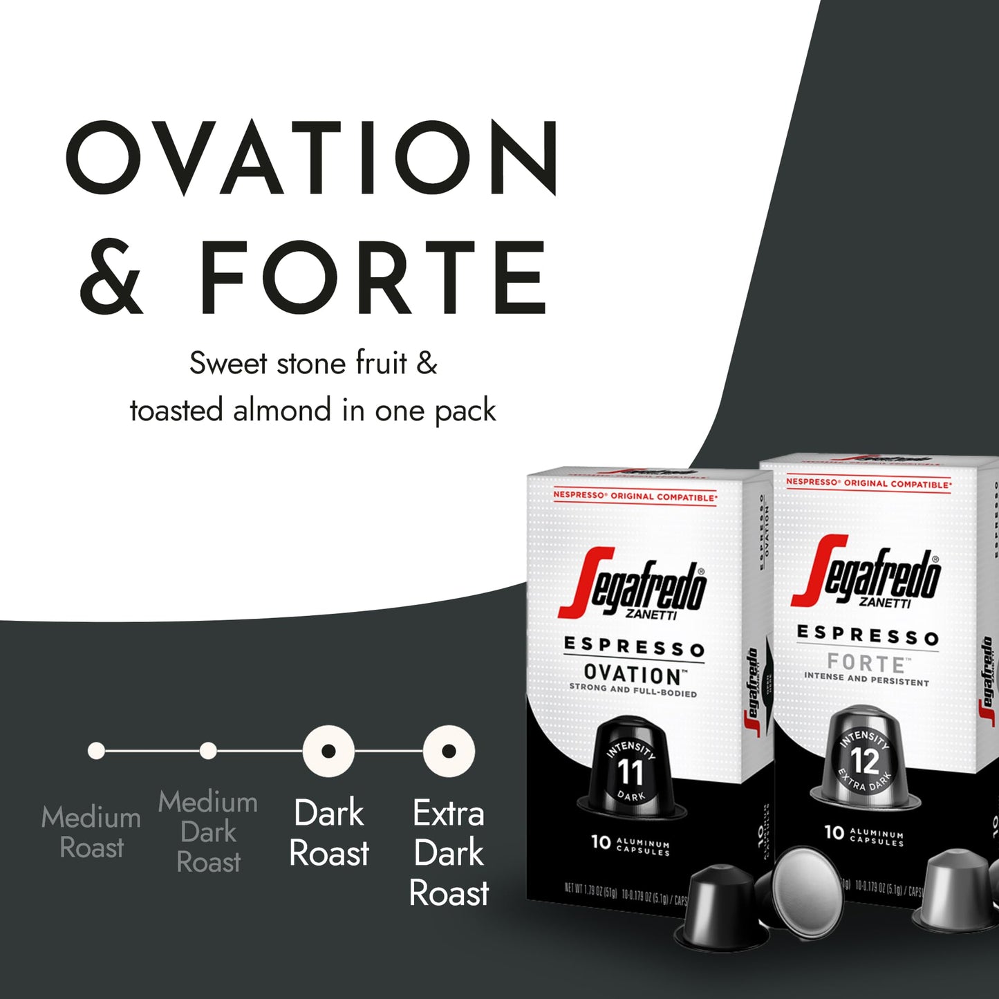Segafredo Zanetti Espresso compact pieces, Ovation & Forte Variety Pack, Dark Roast, 10 Count (Pack of 4)