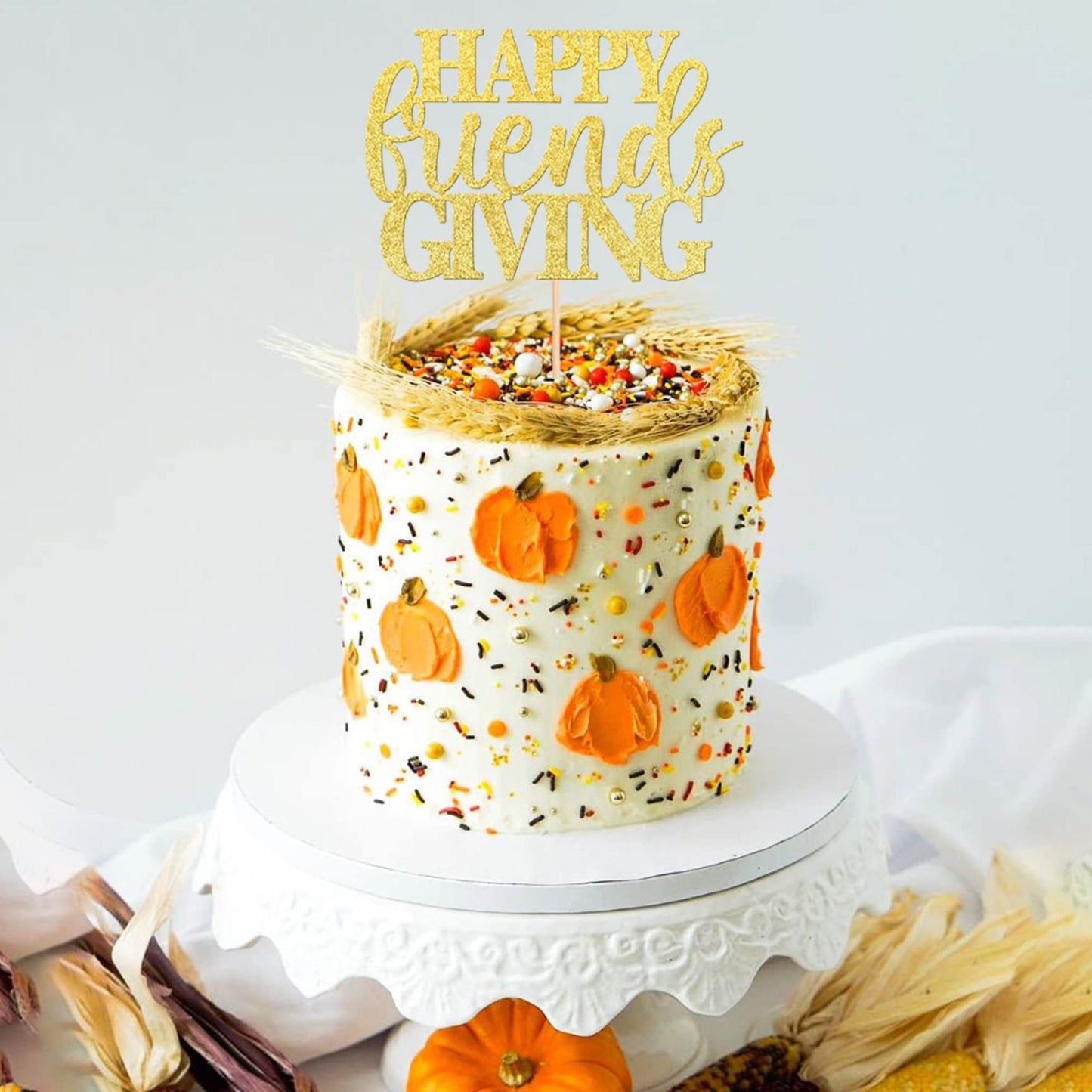 1 Pcs Happy Friendsgiving Cake Topper Gold Glitter Happy Thanksgiving Cake Pick Decorations For Thanksgiving Day Theme Party Cak