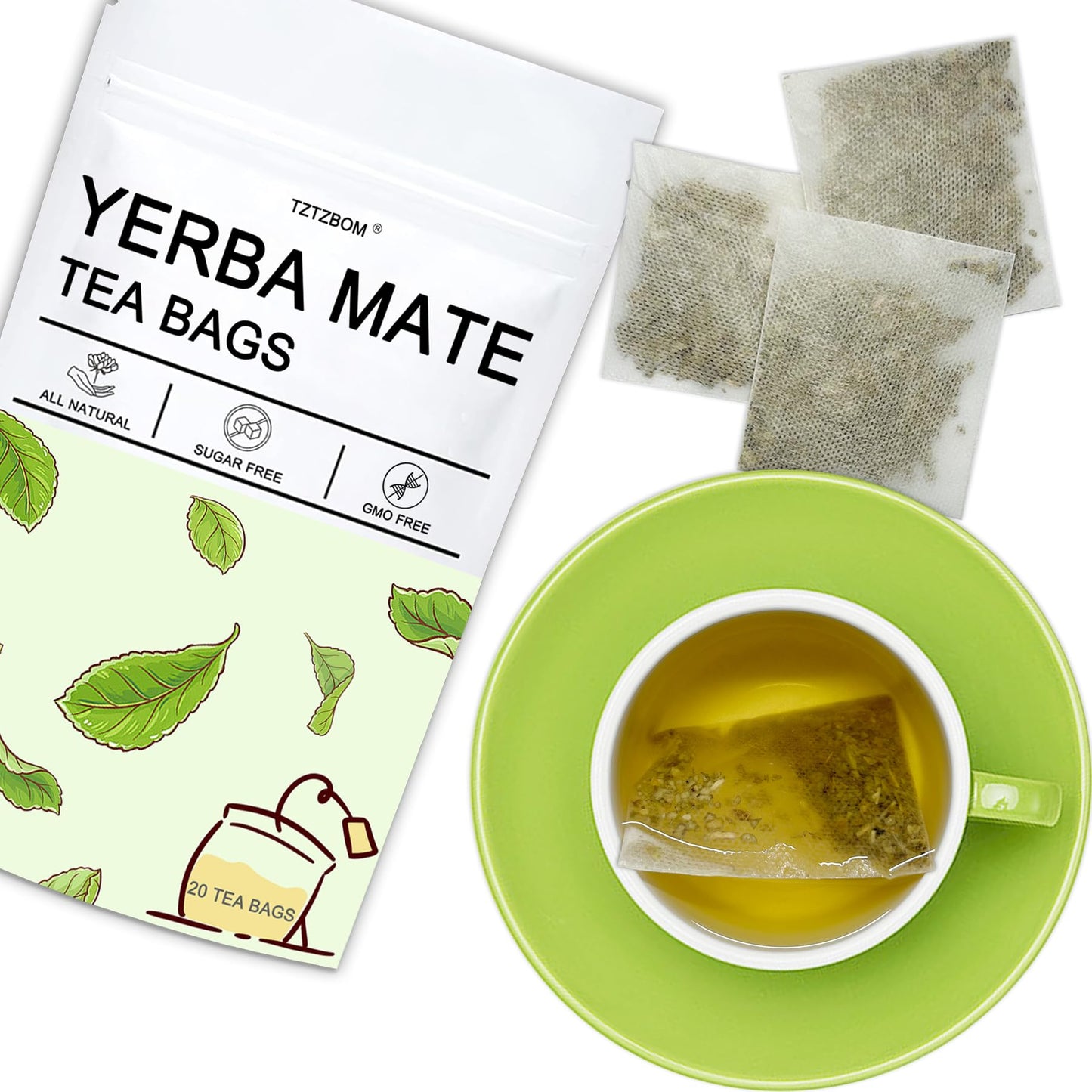 TZTZBOM Yerba Mate Tea Bags, Natural Caffeine, Smooth Energy & Focus, 20 Count