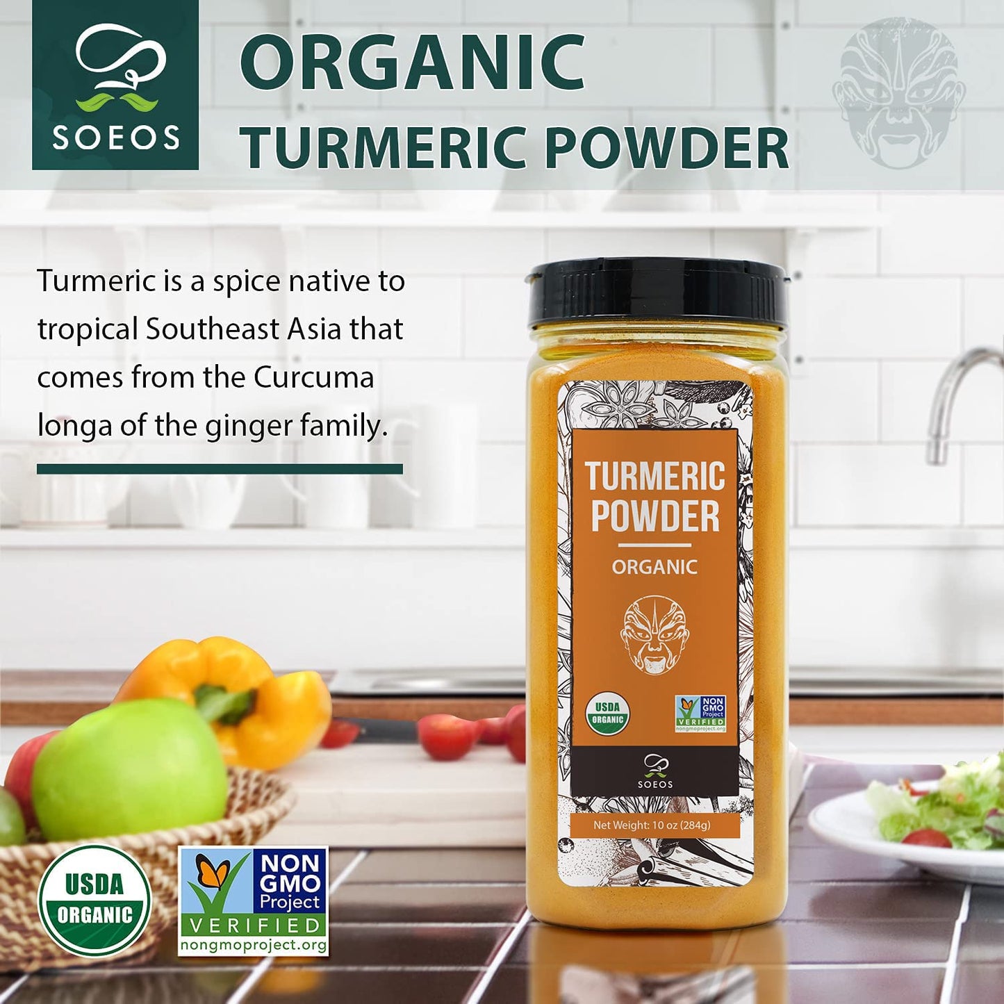 Soeos Organic Turmeric Powder 10Oz (284G), Non-Gmo Verified, Usda Organic, Natural Curcumin, Lab Tested For Purity, Sealed Package To Keep Turmeric Fresh