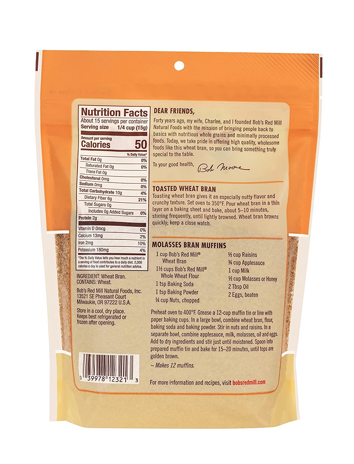Bobs Red Mill Wheat Bran, 8oz (Pack of 1) - Non GMO, Vegan, Kosher