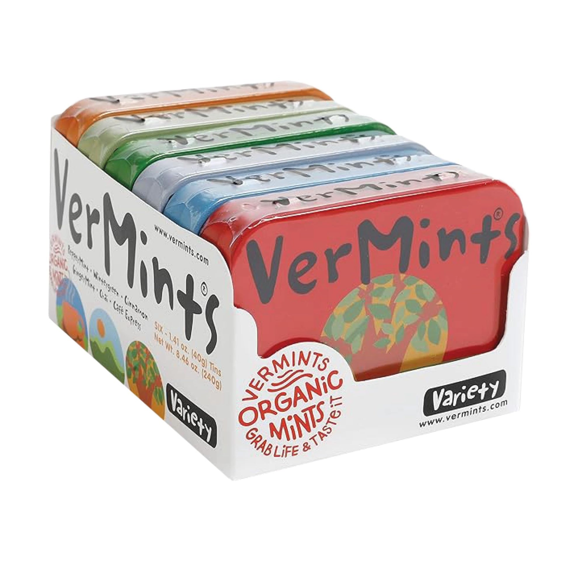 Organic Breath Mints By Vermints, Variety Pack With 6 Flavors, All Natural, Non-Gmo, Nut Free, Gluten Free, Vegan, Ksa Kosher, 1.41Oz Tins