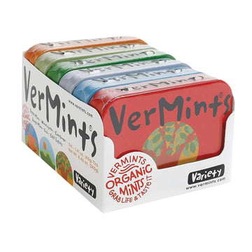 Organic Breath Mints By Vermints, Variety Pack With 6 Flavors, All Natural, Non-Gmo, Nut Free, Gluten Free, Vegan, Ksa Kosher, 1.41Oz Tins