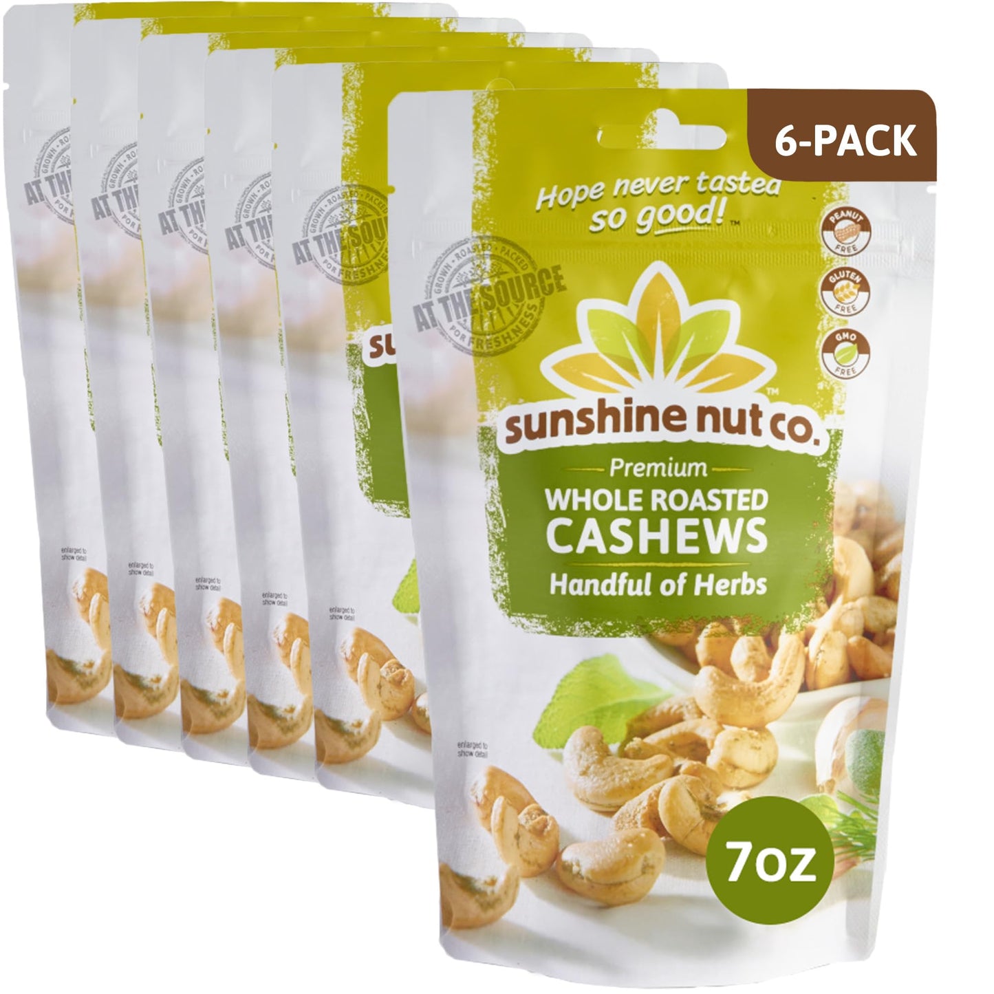Sunshine Nut Company Whole Roasted Lightly Salted Cashews, Handful of Herbs Flavor, 6 Pack, 7 oz. Each, Gluten Free, Peanut Free
