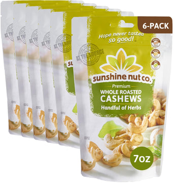 Sunshine Nut Company Whole Roasted Lightly Salted Cashews, Handful of Herbs Flavor, 6 Pack, 7 oz. Each, Gluten Free, Peanut Free