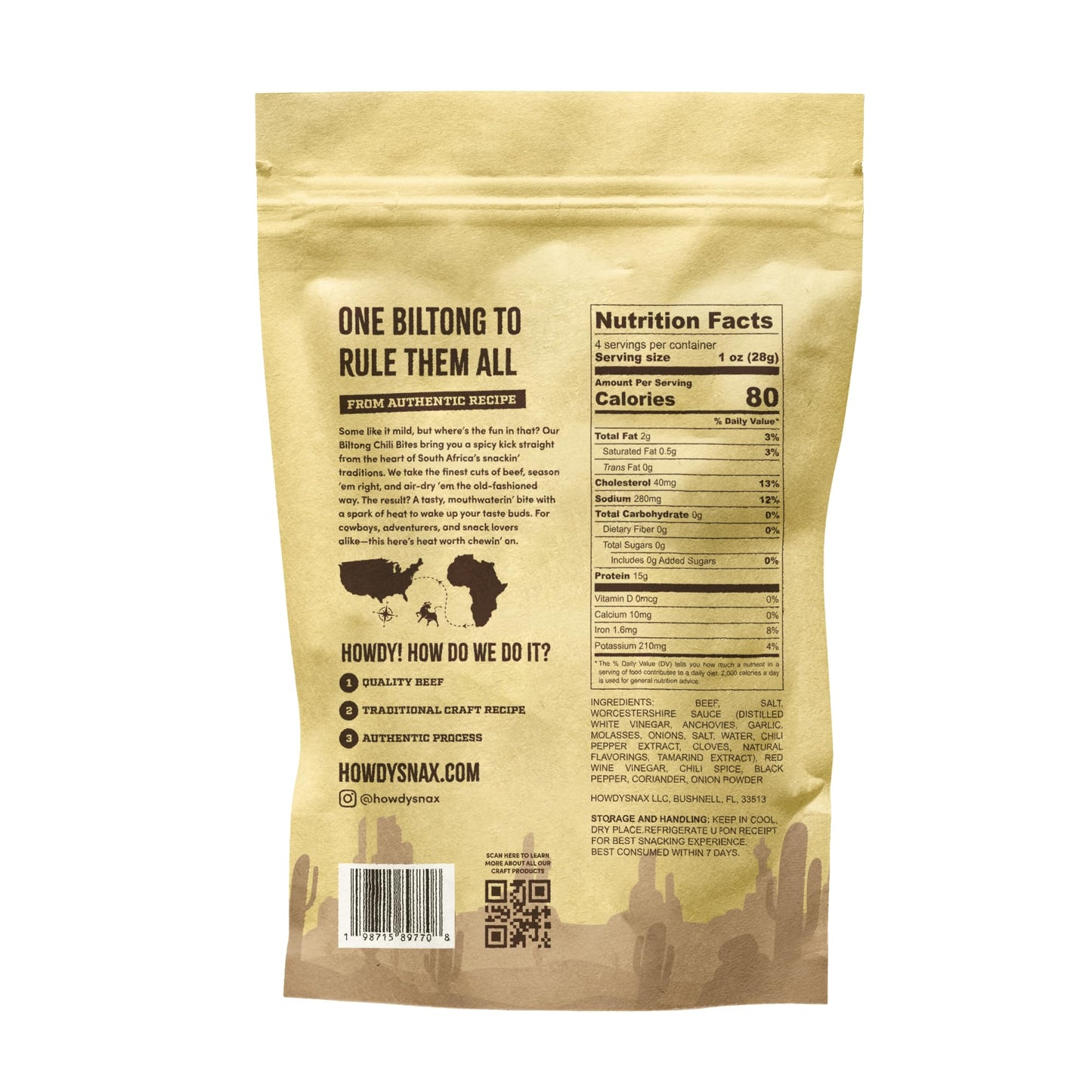 Howdysnax Biltong Chili Bites – 4 Pack (16 Oz Total) – Bulk Spicy Beef Snack • High-Protein • Keto & Paleo • No Preservatives • Made In Usa