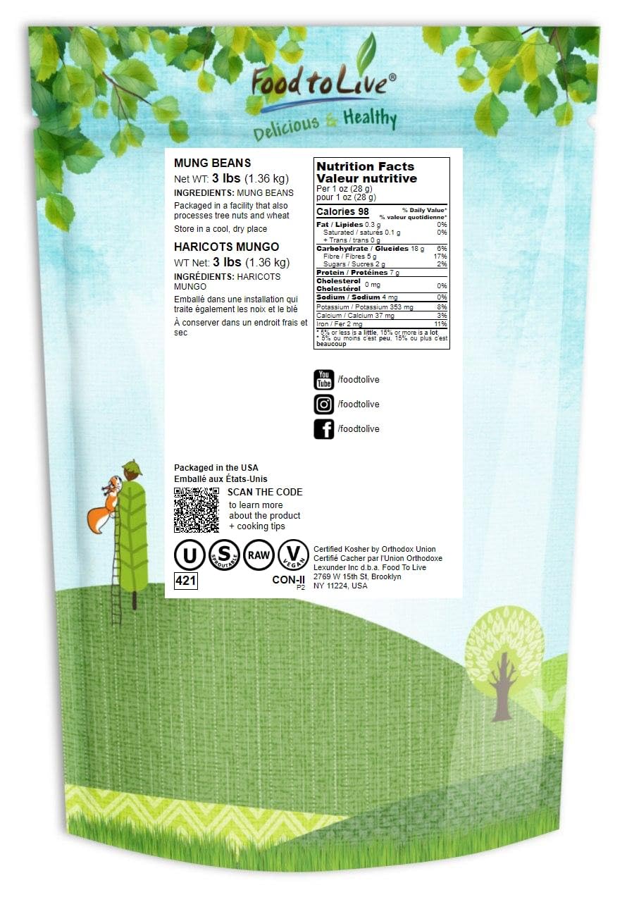 Food to Live - Mung Beans, 3 Pounds Whole, Dried, Raw Moong, Kosher, Vegan, Sirtfood, Bulk Green Gram, Low Sodium, Good Source o