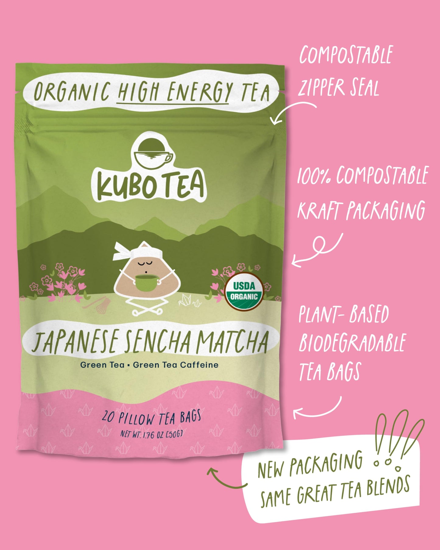 Kubo Tea Japanese Sencha Matcha - Organic High Caffeine Tea Bags - 20 Biodegradable Pillow Bags (140mg Caffeine Each)