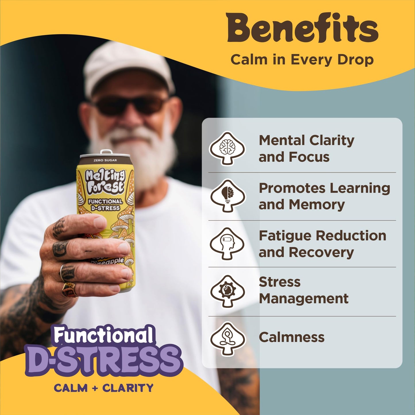 Melting Forest Mushroom D-Stress  Sparkling Adaptogen Drink with L-Theanine  Lions Mane and Vitamin B  Zero Sugar  5 Calories  Coconut Pineapple (12-Pack)