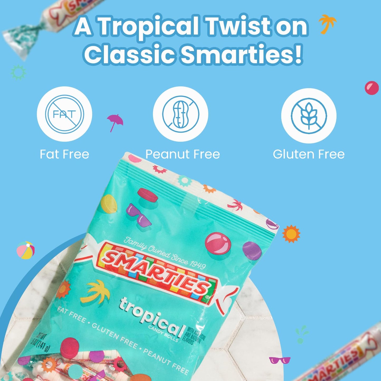 Smarties Tropical Candy Rolls - Gluten Free & Vegan Tropical Flavor Treats - Hard Candy Individually Wrapped - Peanut Free Plant