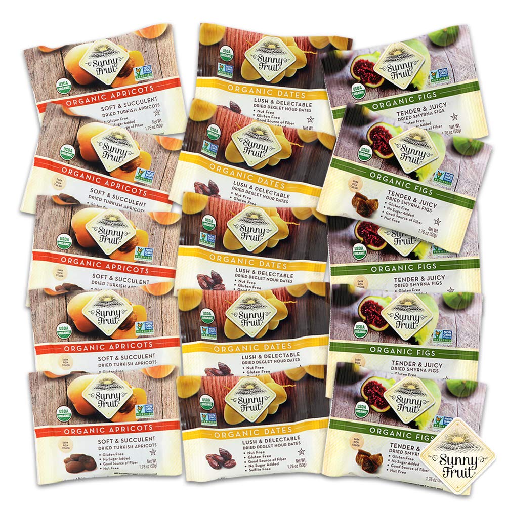 Sunny Fruit Organic Dried Fruit Assortment - Dates, Figs & Apricots, 15 Packs of 1.76 Oz, Vegan, Non-GMO, No Sugar Added