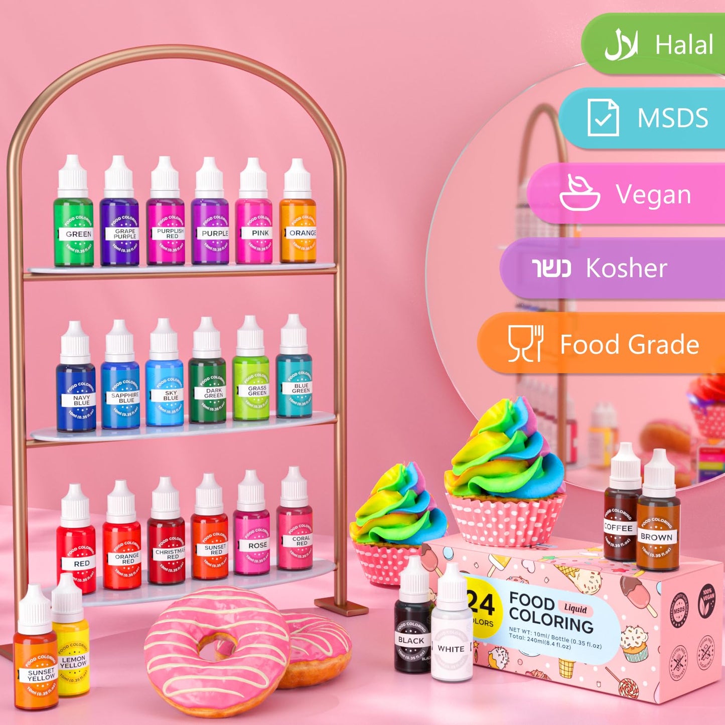 Cherrysea Food Coloring Set - 24 Vibrant Liquid Dyes, Tasteless, 0.35 Fl Oz Bottles, Perfect for Baking, Icing, and DIY Crafts