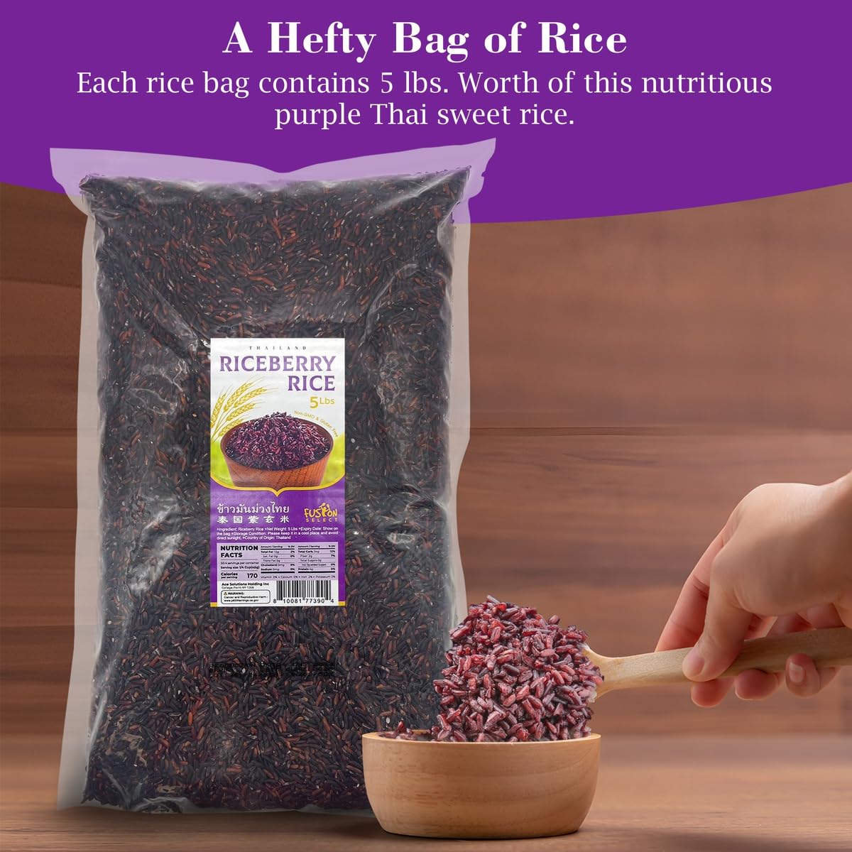 Fusion Select 5 Lb Riceberry Rice - Nutrient-Dense Purple Whole Grain Rice Rich In Fiber & Anthocyanins - Subtly Sweet, Nutty &