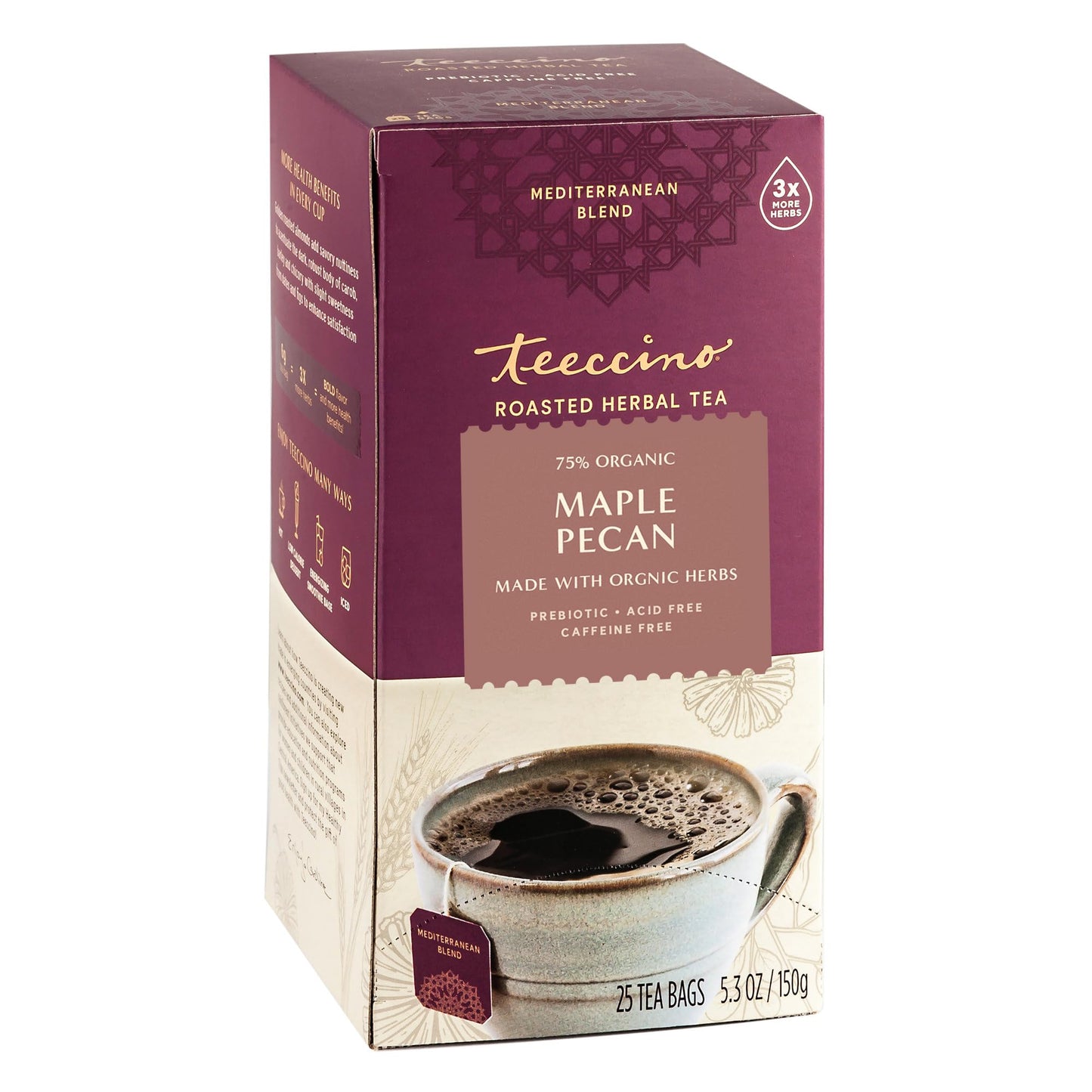 Teeccino Maple Pecan Herbal Tea - Rich & Roasted Herbal Tea Thats Energy Blend Free & Prebiotic For Natural Energy  Coffee Alternative  25 Count