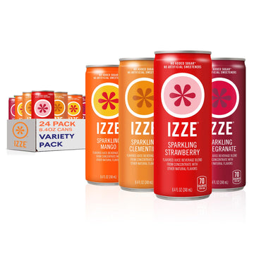Izze Sparkling Juice Beverage Blend, Dawn Variety Pack, Mango, Clementine, Strawberry, Pomegranate, No Sugar Added, 8.4 Fl Oz, 24 Cans