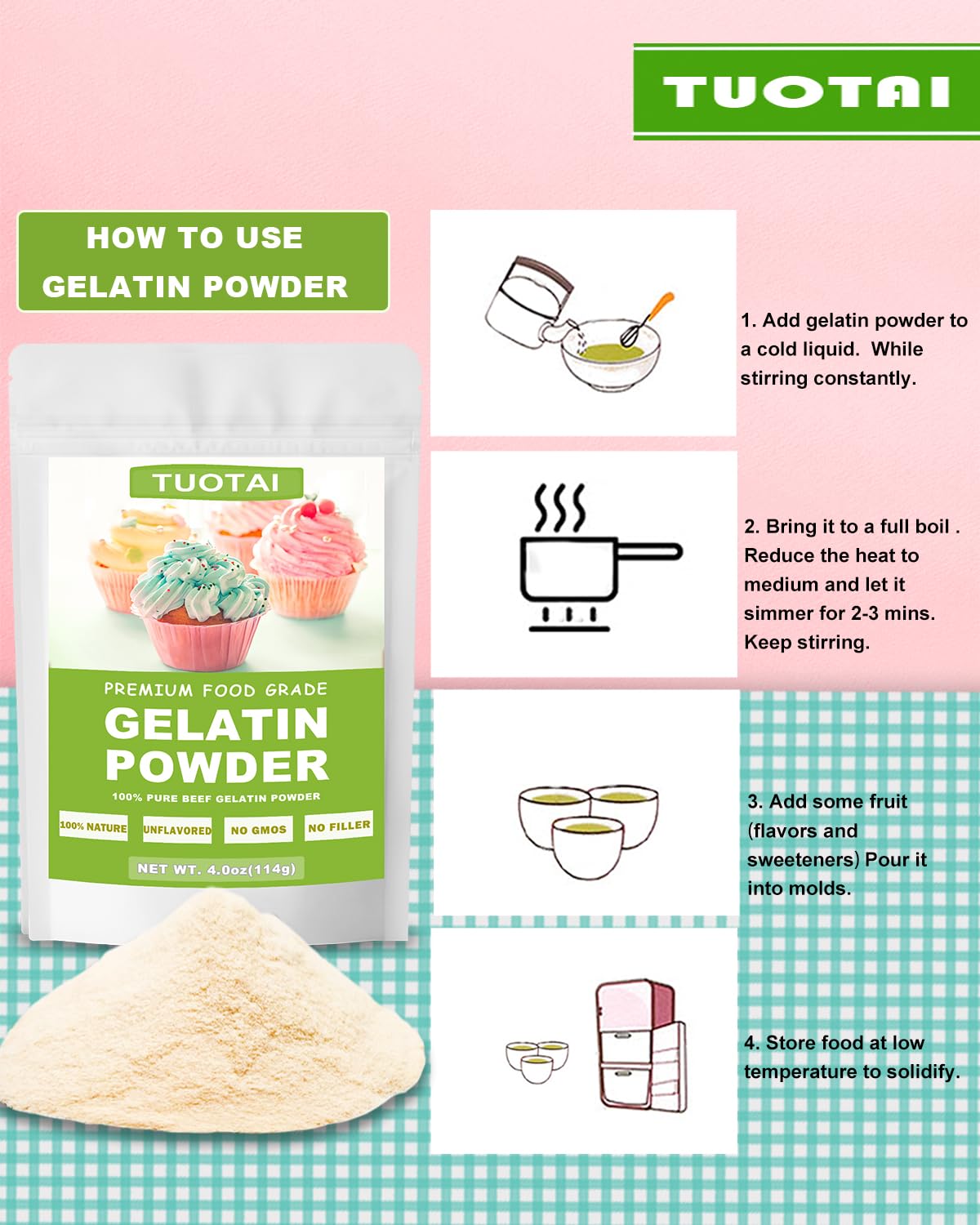 TUOTAI Unflavored Gelatin Powder Food Grade for Baking 4 Ounces