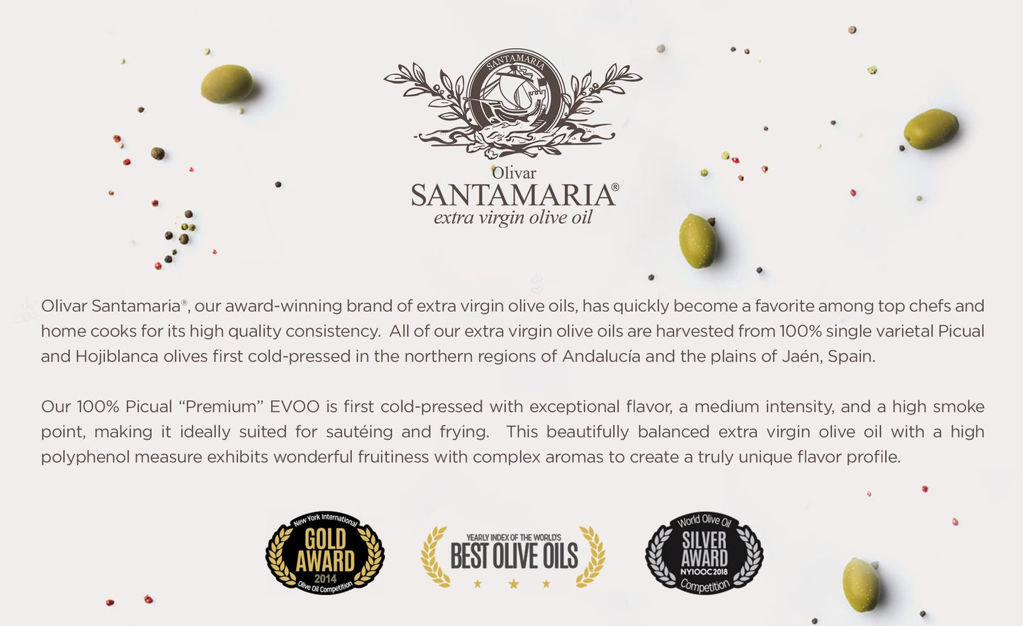 Olivar Santamaria | Extra Virgin Olive Oil | Enhanced Picual Variety | First Cold Pressed | Sdiscomfort-Reducing | High Polyphenol | Perfect For Salad Dressings | Cooking | Frying & Marinades | 101.44 Fl Oz (3 Liter)
