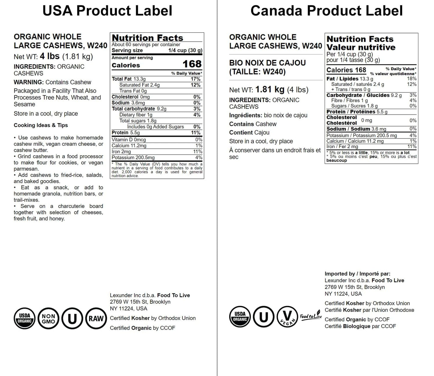 Food to Live Organic Cashews, 4 Pounds - Whole, Size W-240, Unsalted, Non-GMO, Kosher, Raw, Vegan, Bulk