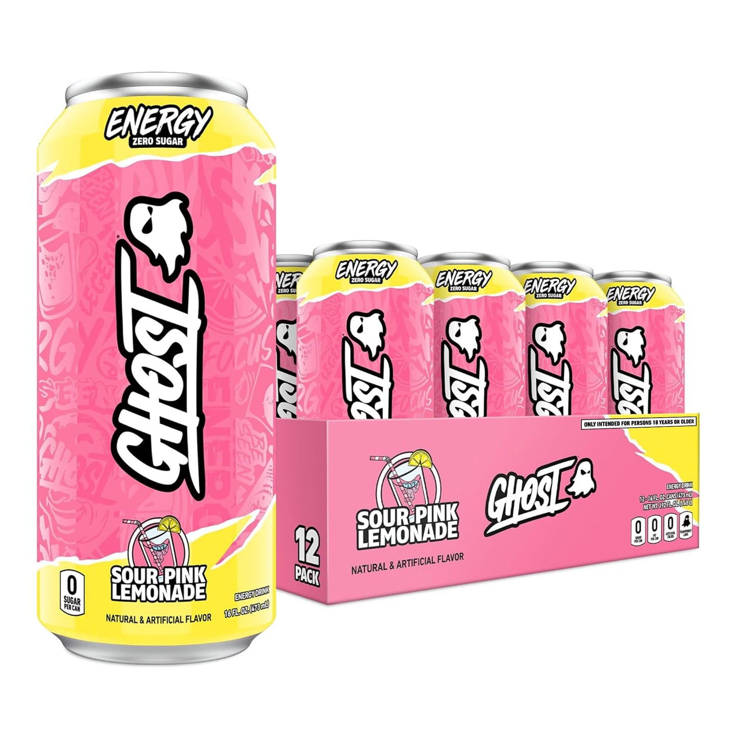 GHOST Energy Drink - Sour Pink Lemonade - 12-Pack - 16oz Cans - Gluten-Free & Vegan - 200mg Natural Caffeine