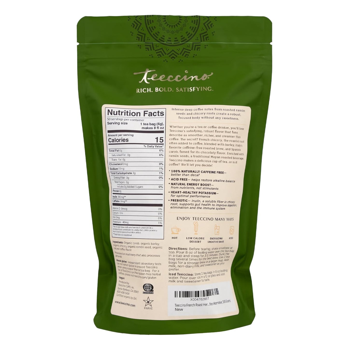 Teeccino French Roast Herbal Tea - Caffeine Free, Prebiotic, 50 Tagless Bags