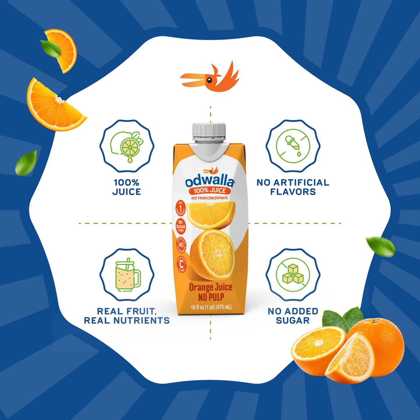 Odwalla Orange Juice  No Pulp - 100% Pure Orange Juice  Pulp Free - Vitamin C - No Added Sugar  No Artificial Ingredients  No Preservatives - 16 fl oz of OJ (12 Pack)