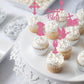 ZHUOWEISM 24 PCS Cupcake Toppers Glitter Dove Chalice Bible Cross First Communion Theme Small Pink Bamboo