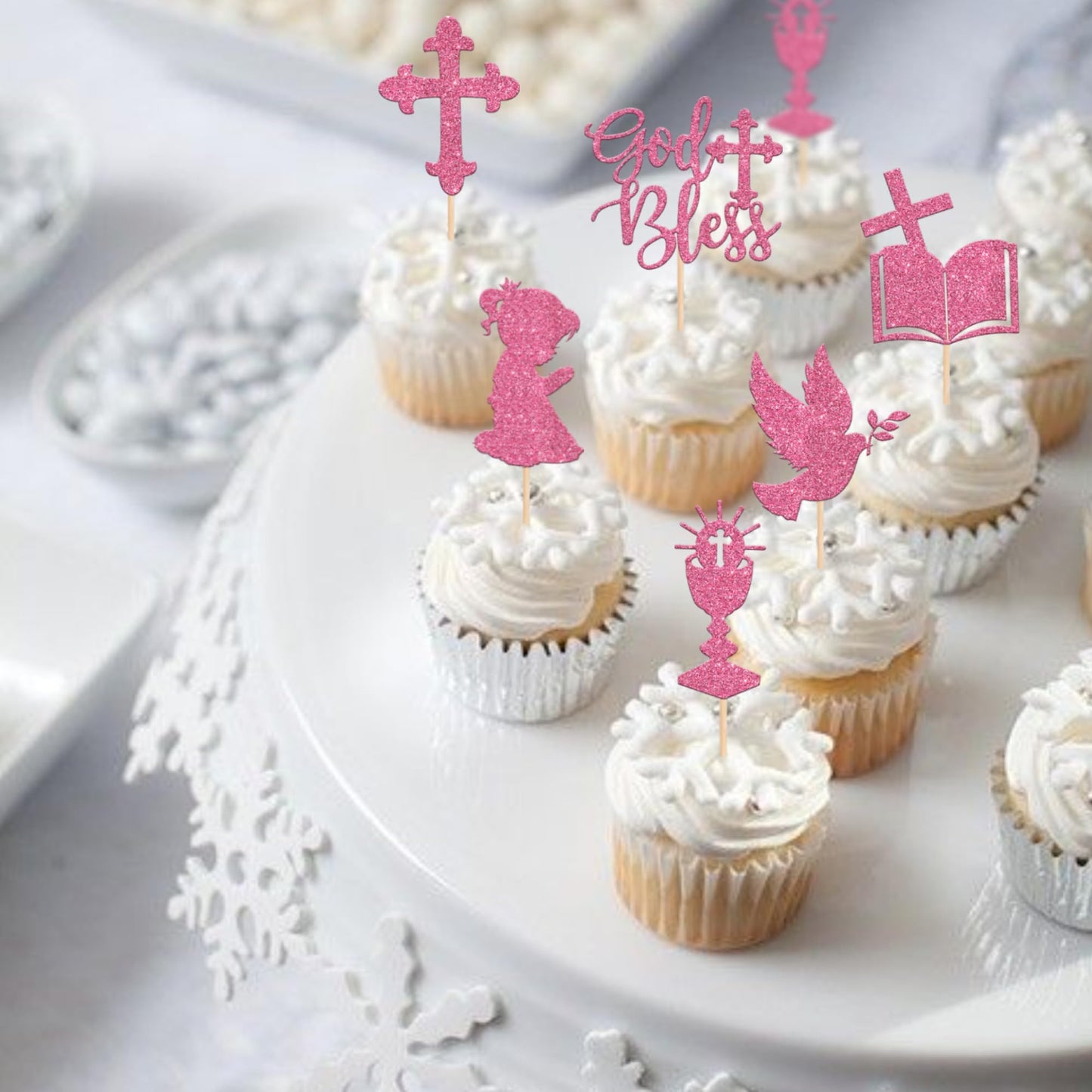 ZHUOWEISM 24 PCS Cupcake Toppers Glitter Dove Chalice Bible Cross First Communion Theme Small Pink Bamboo