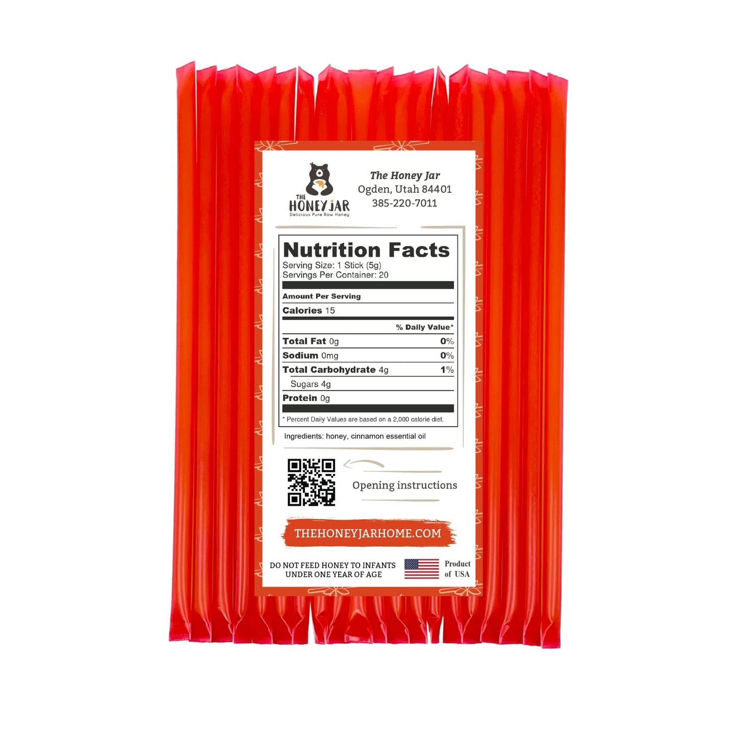 The Honey Jar Cinnamon Flavored Honey Sticks - Pure Honey Straws - 20 Count Pack for Tea and Coffee