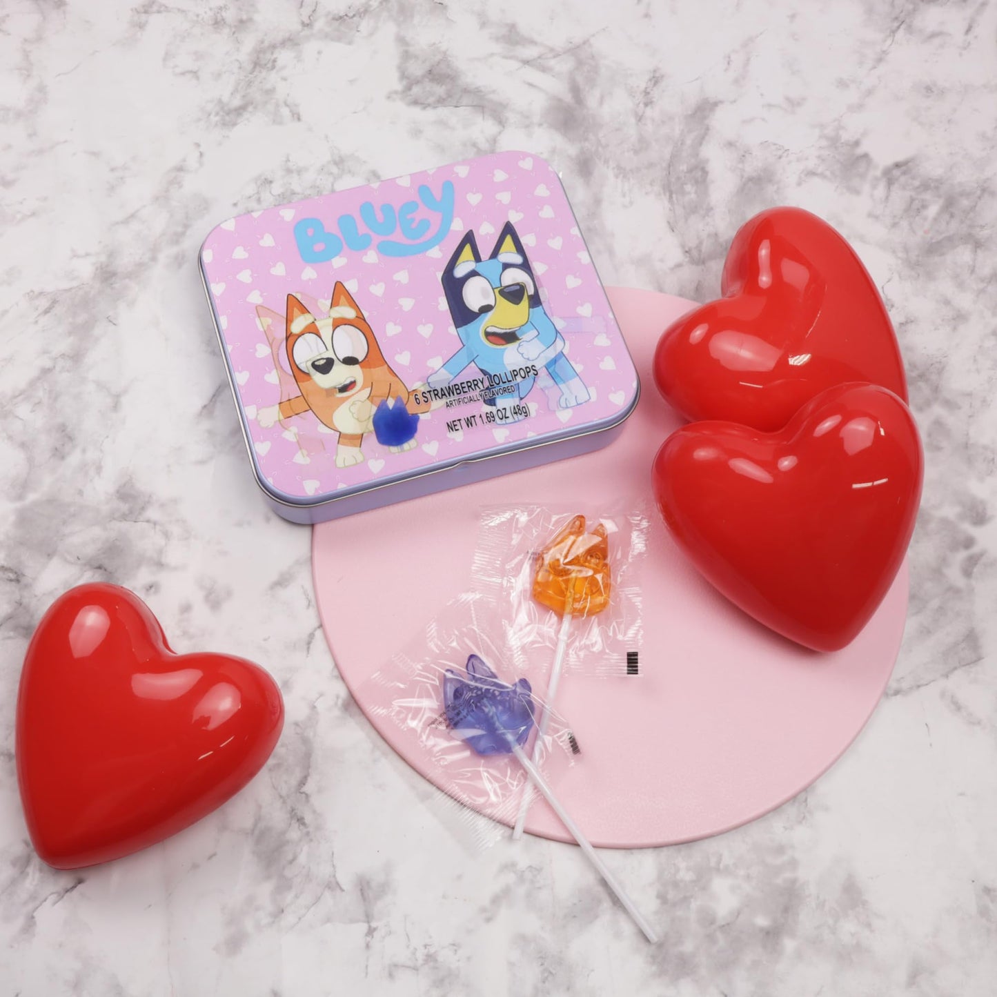 Bluey Valentines Lollipops Tin, Individually Wrapped Strawberry Suckers, Vday Candy Gift Set 1.69 Ounces