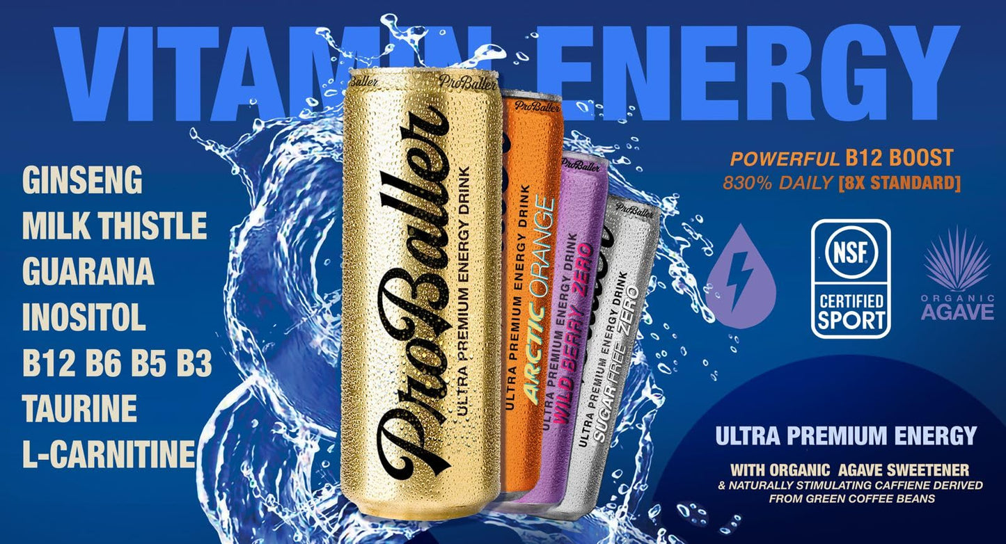 PROBALLER Ultra Premium Energy Drink - Citrus Sugar Free, NSF Sport Certified, 15 Pack, 12 fl oz each