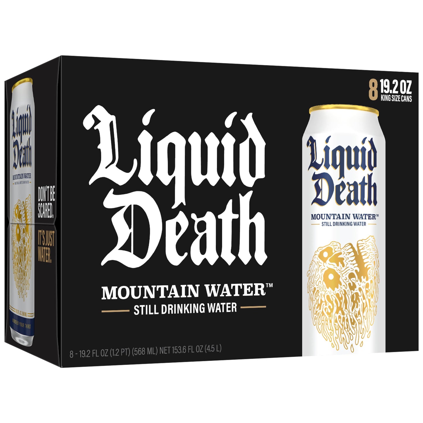 Liquid Death Still Mountain Water, 8-Pack of 19.2oz Cans, Infinitely Recyclable, American Made