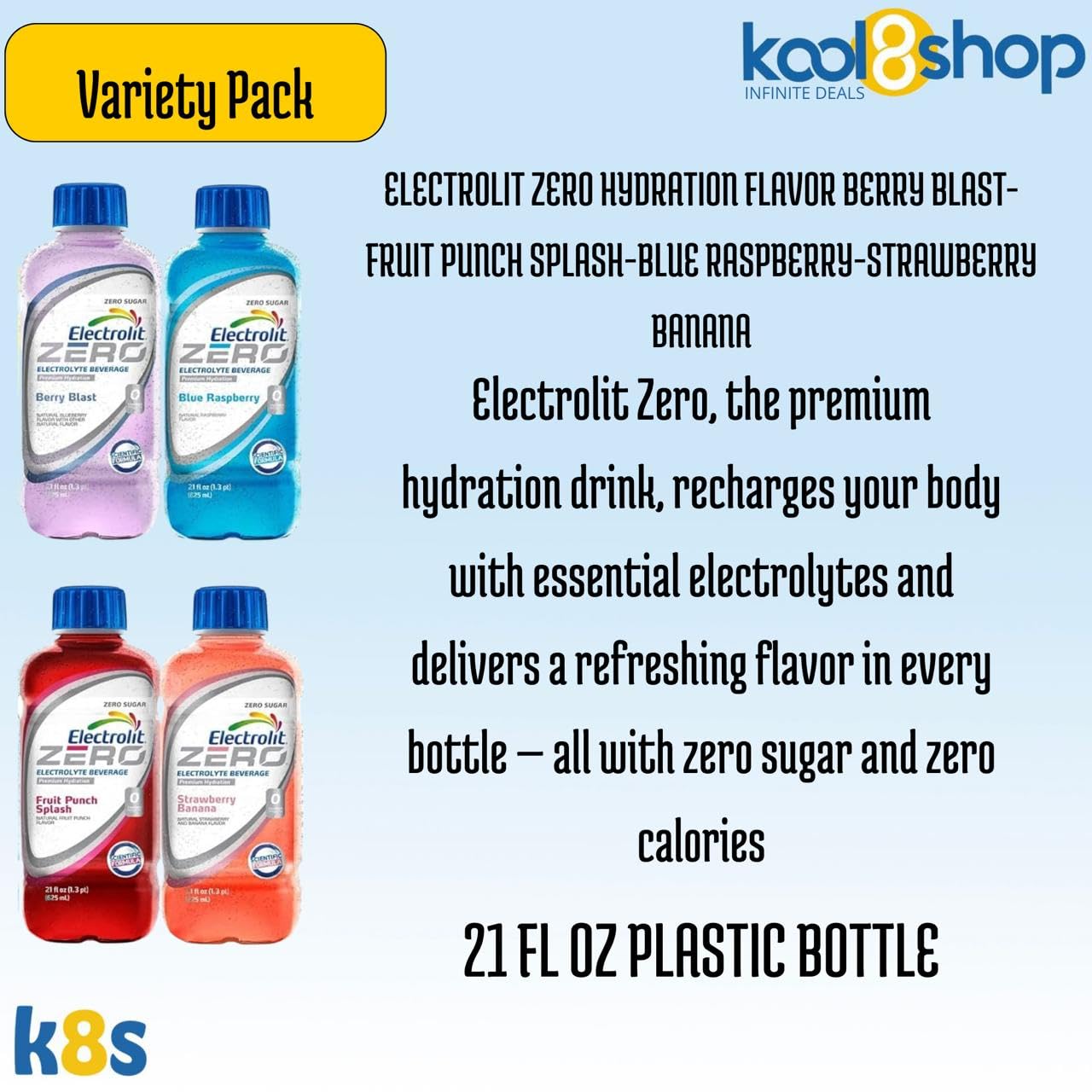 Electrolit Zero Variety Pack Hydration Drink with Electrolytes 21 fl oz Plastic Bottle 10 Pack + 1 Microfiber Cooling Towel by K