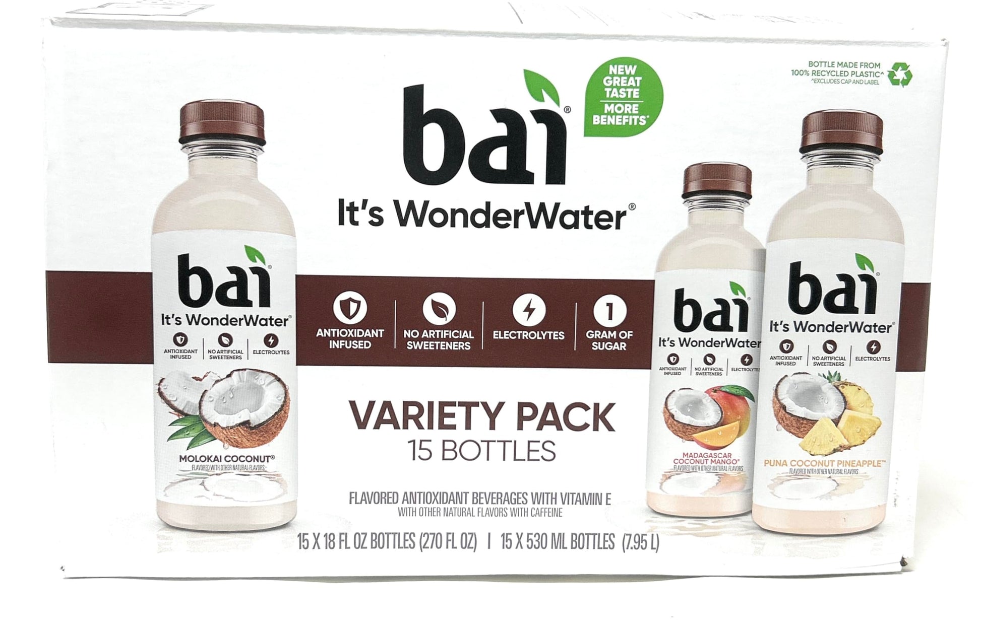 Bai WonderWater Coconut Variety Pack, 18oz bottles - pack of 15 (Molokai Coconut, Madagascar Coconut Mango, Puna Coconut Pineapp