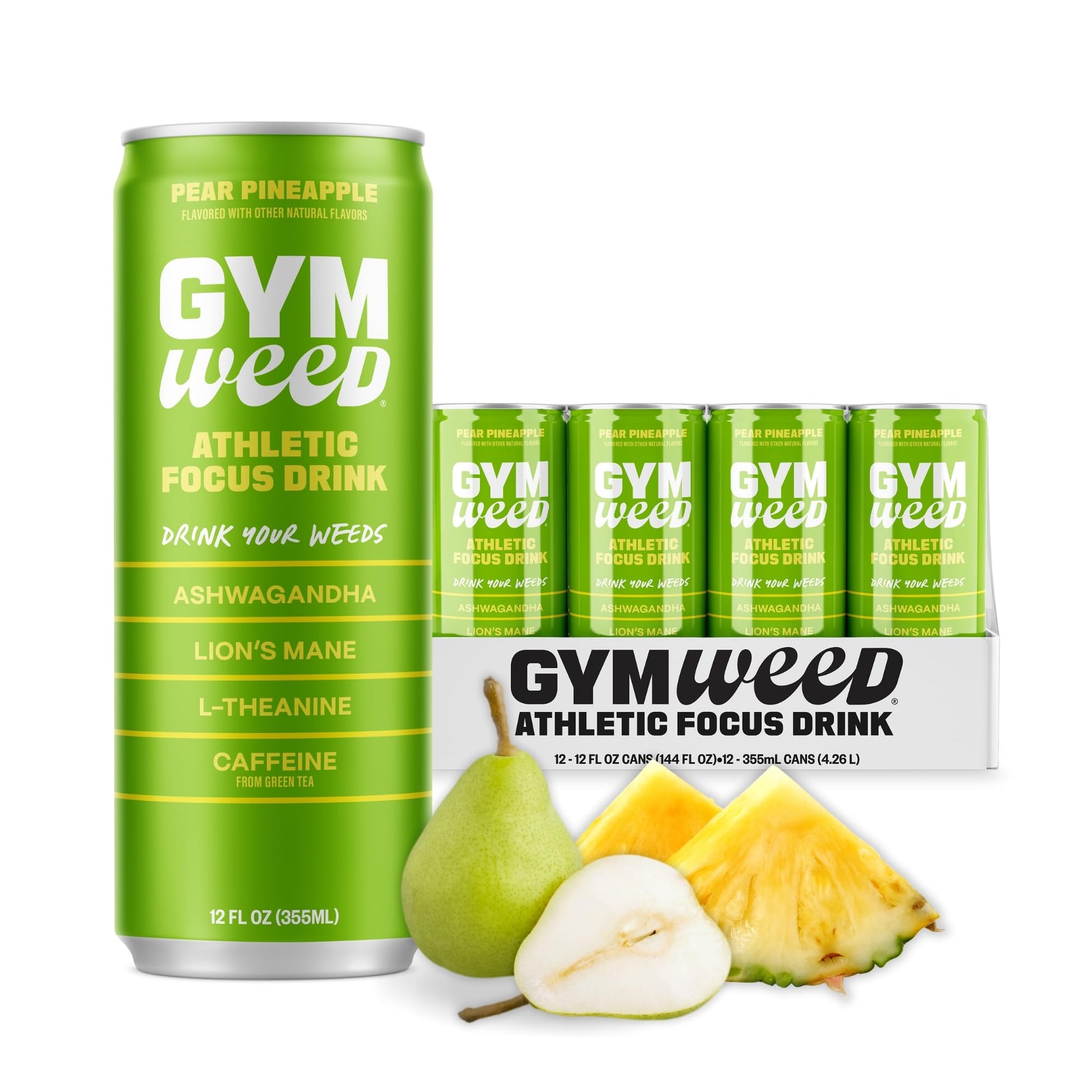 GYM WEED Athletic Focus Drink, KSM-66 Ashwagandha, Lions Mane, L-Theanine, Green Tea Caffeine, Pear Pineapple Flavor, 12 Pack