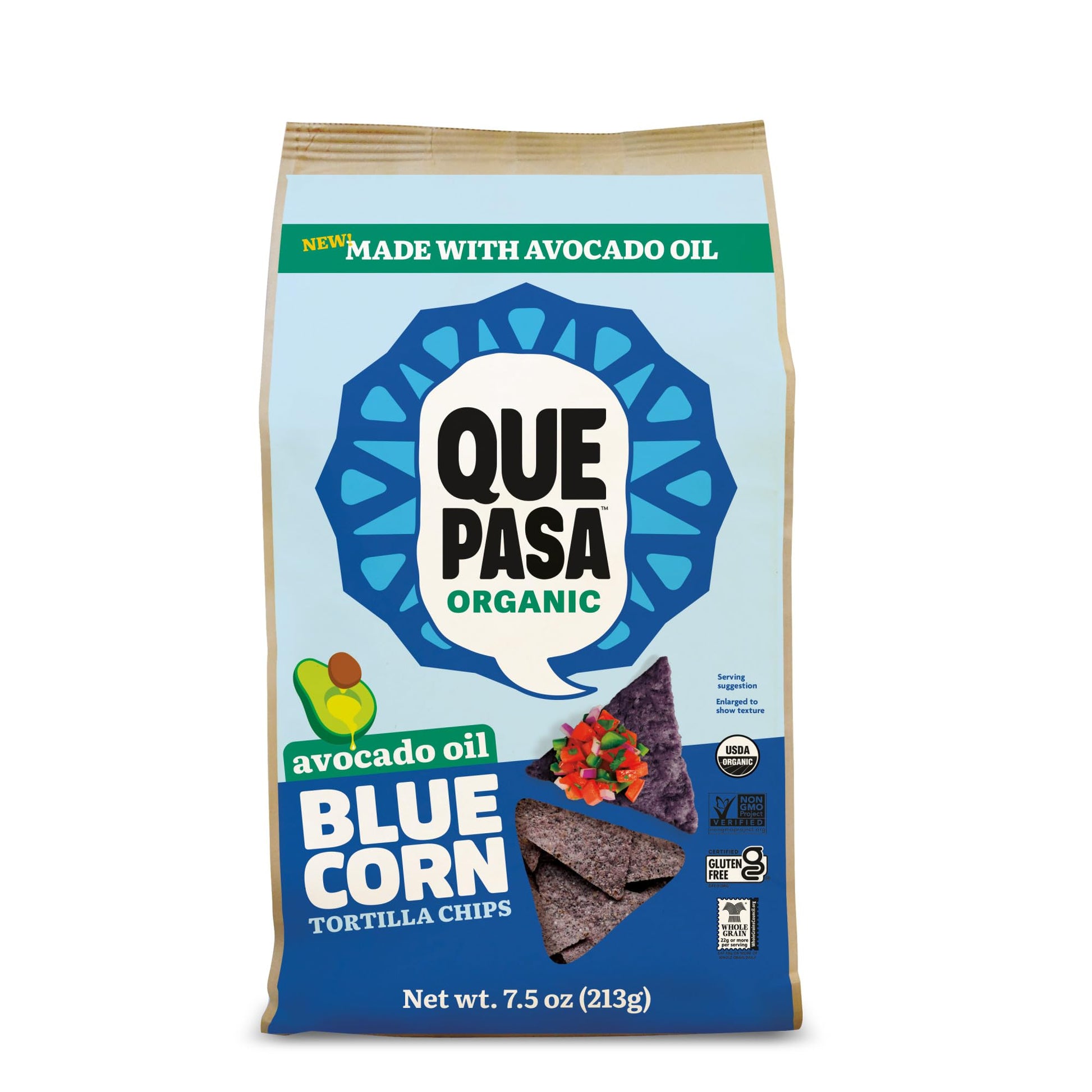 Que Pasa Organic Avocado Oil Blue Corn Tortilla Chips, 7.5 oz (Pack of 1), Gluten Free, Non-GMO, by Natures Path