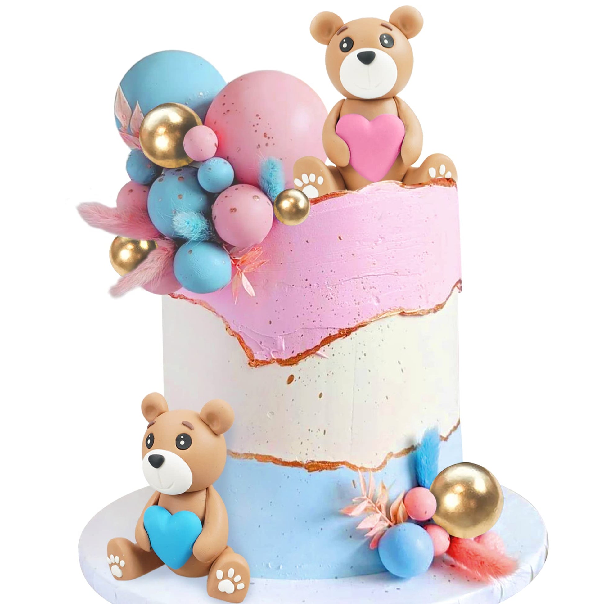 Bear Cake Toppers Bear Figurine Cake Decorations Pearl Balls For Baby Shower Gender Reveal Party Birthday Party Teddy Bear Theme