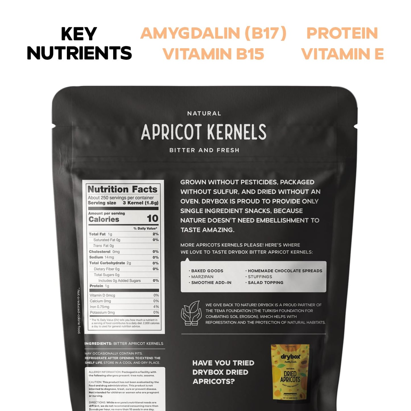 Drybox Raw Bitter Apricot Kernels, Organic, Non-GMO, Vegan, 2 Pack (16 oz each)