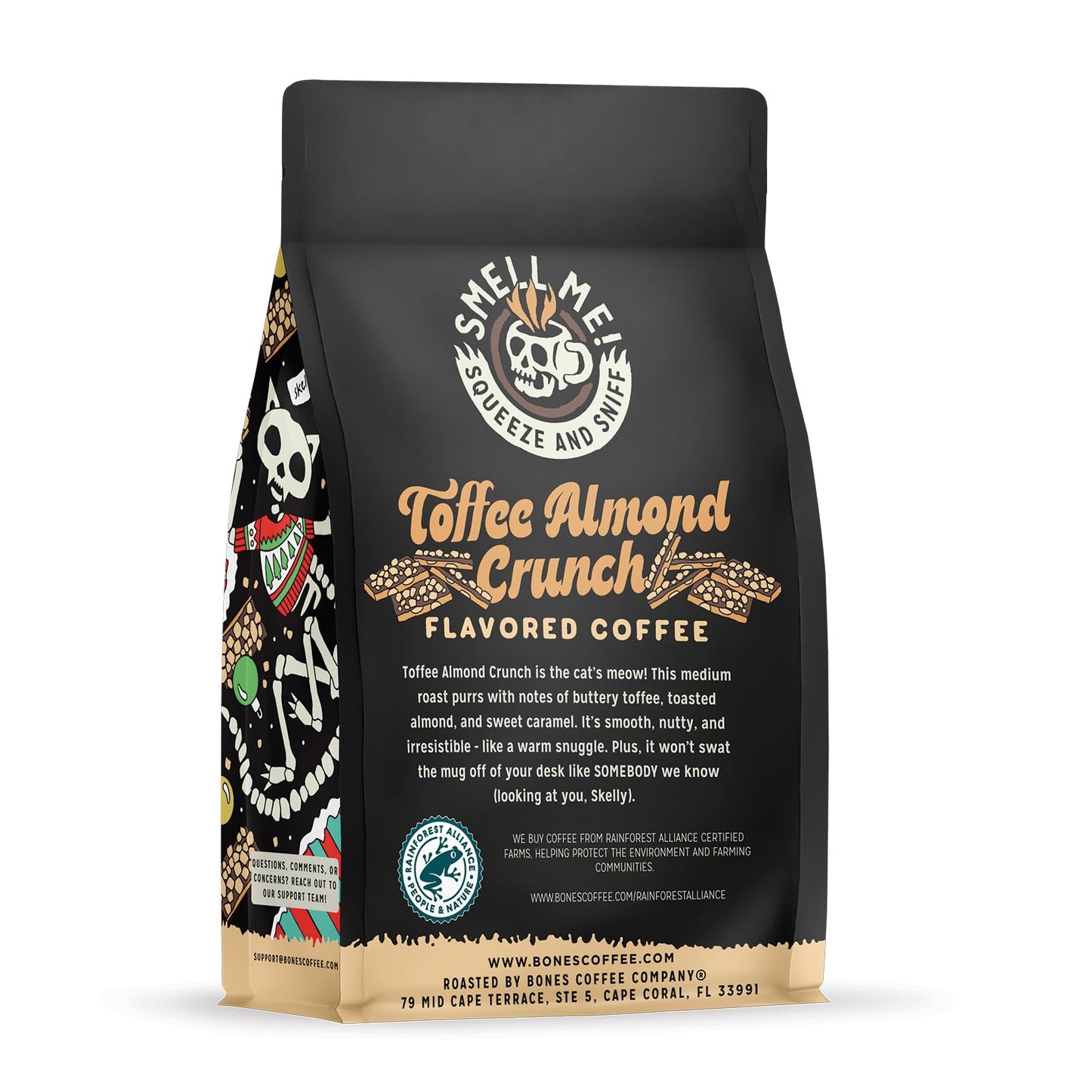 Bones Coffee Company Toffee Almond Crunch  Toffee Almond Flavored Coffee  Medium Roast Low Acid Arabica Beans Compatible with Auto drip and French Press Coffee Maker  12 Oz Whole Bean