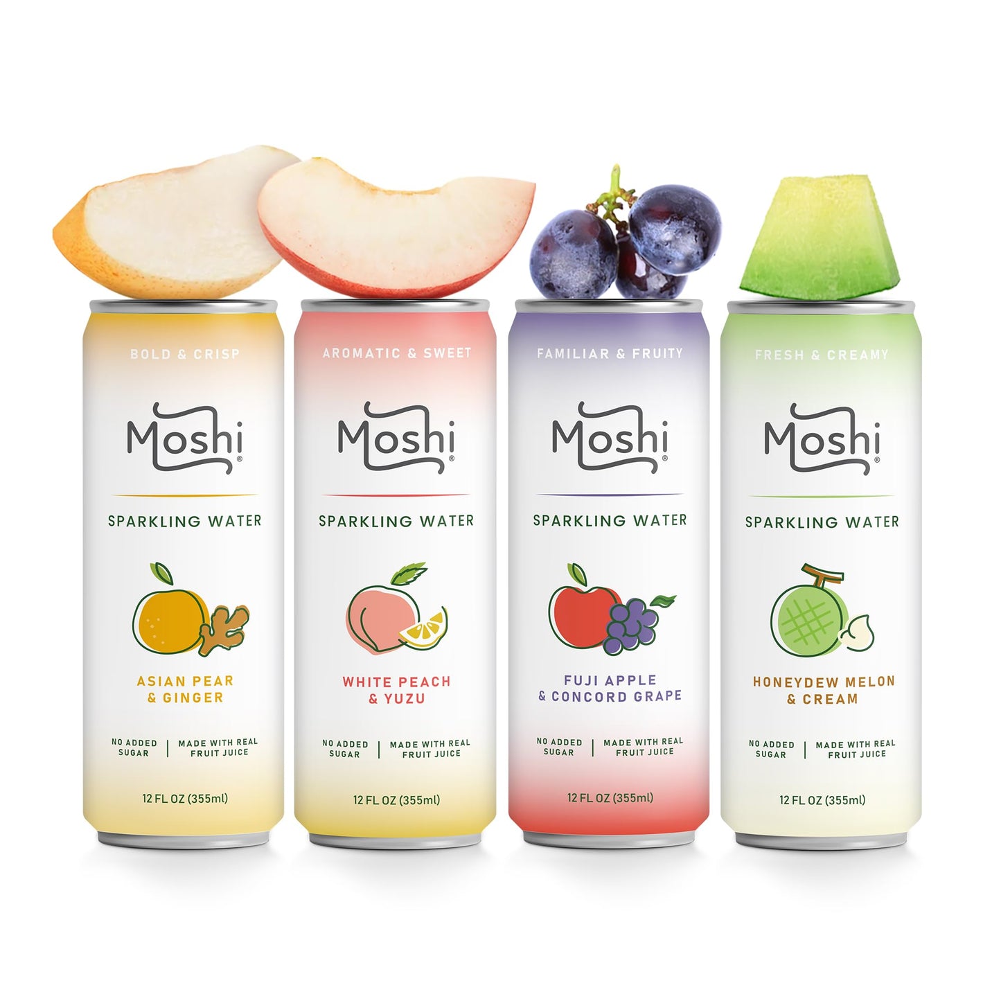 Moshi Asian Flavored Sparkling Water 12 Pack - Carbonated Drink Made With Real Fruit Juice - No Added Sugar - Low Calorie (Pack 