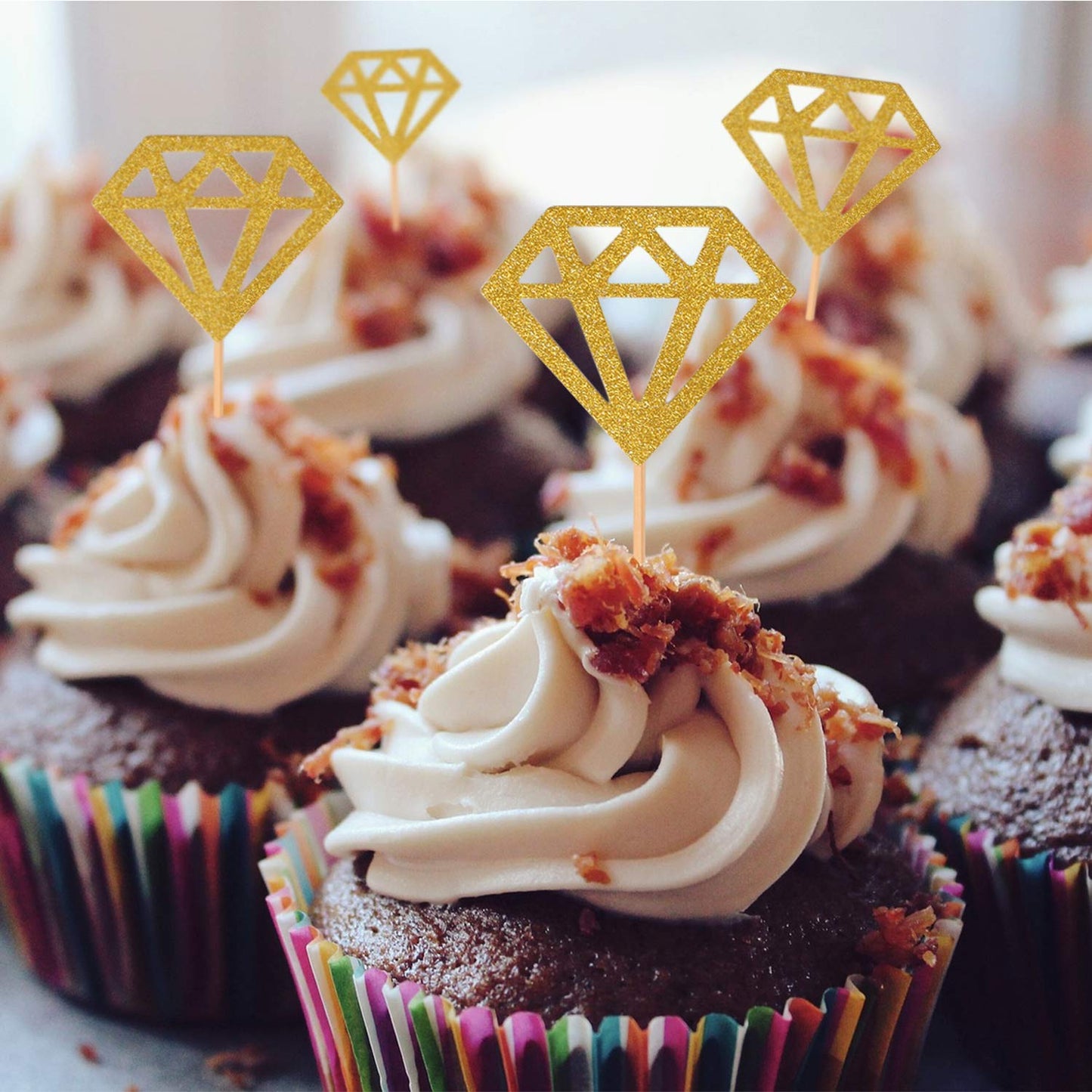 Topoox 50 Pack Gold Glitter Diamond Ring Donut Toppers Cupcake Picks For Bridal Shower Engagement Party Decorations