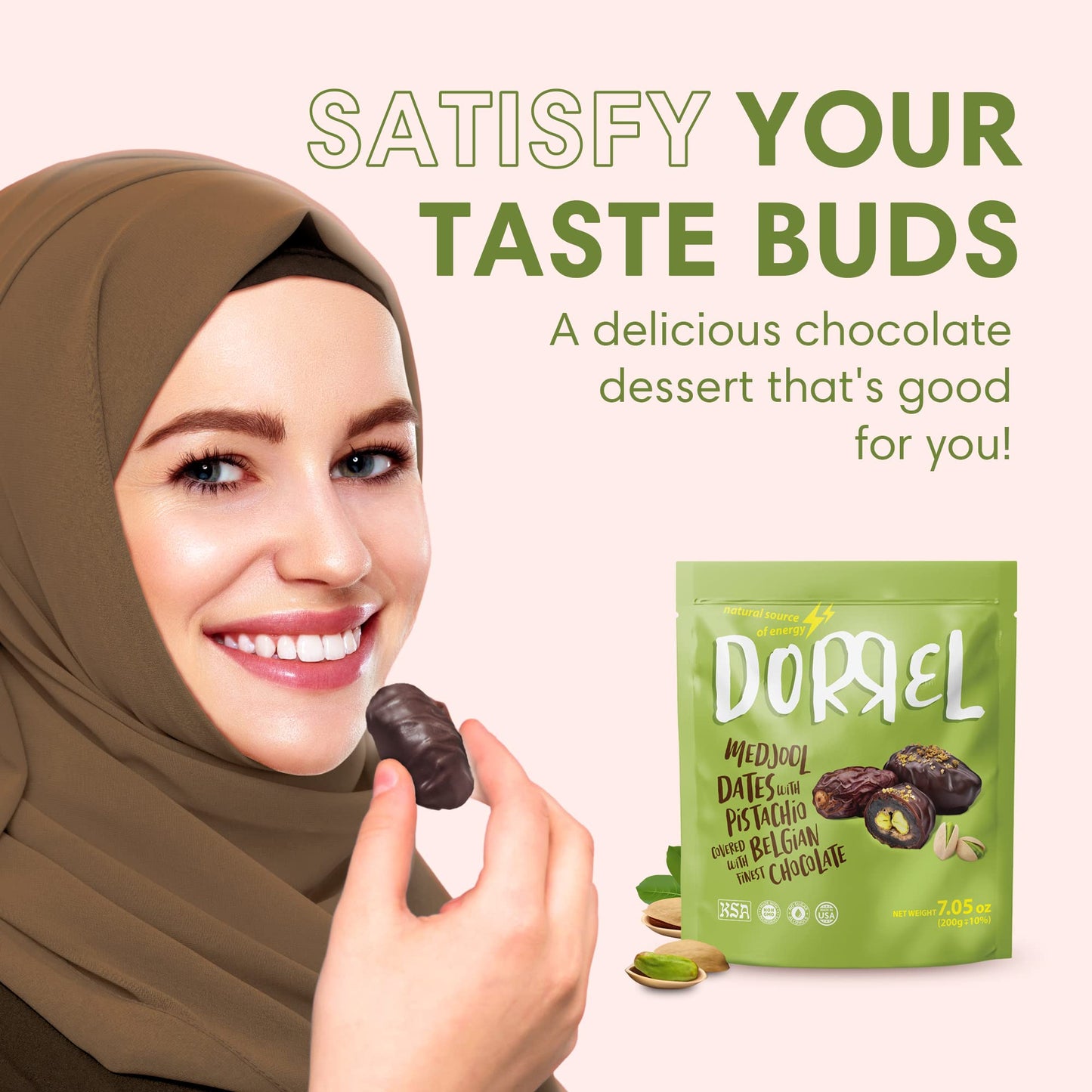 Dorrel Belgian Dark Chocolate Covered Medjool Dates Stuffed With Pistachios, Nutritious And Tasty Dark Chocolate Pistachio Nuts,