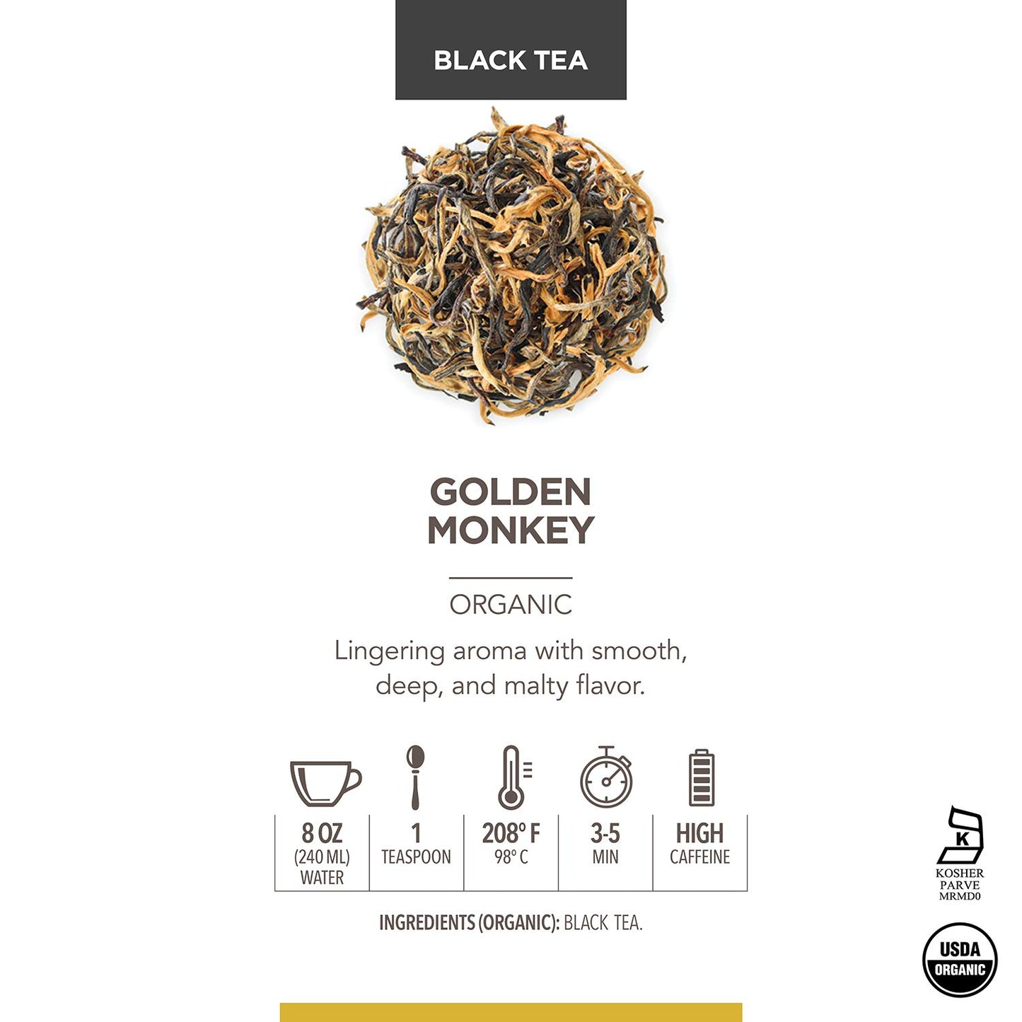 Teabloom Organic Golden Monkey Loose Leaf Tea, USDA Certified, Smooth Malty Flavor, 2.12 Ounce Canister, Makes 35-50 Cups